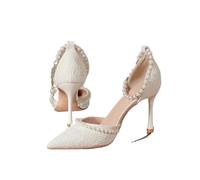 High Heeled Shoes Women's Sandals with A Thin Heel and Pointed Toe A Straight Cut Lace Surface White Pearl Bridal Women(White 7cm,38)