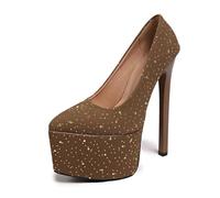 High Heels Women's Glitter Fashion Round Head Waterproof Platform Ultra Thin Shoes(Brown,35)
