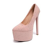 High Heels Women's Glitter Fashion Round Head Waterproof Platform Ultra Thin Shoes(Pink,35)