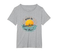High on Sunshine and Music Summer Vibes Print Camiseta, Mujer Tallas Grandes, Gris Jaspeado, 3XL Grande