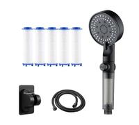 High Pressure 5 - Mode Filtered Shower Head, Filtered Shower Head with 5 Extra Filters, Built-In Power Wash,One-Click Water Stop for Hard Water (Black,Shower head with hose base)