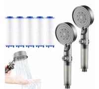 High Pressure 5-Mode Filtered Shower Head, Filtered Shower Head with Handheld, Water Softener for Hard Water, One-click Water Stop, With Hose, Bracket, Filter Cotton (2*Grey, Without accessories)
