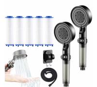 High Pressure 5-Mode Filtered Shower Head, Filtered Shower Head with Handheld, Water Softener for Hard Water, One-click Water Stop, With Hose, Bracket, Filter Cotton (2*Black, With accessories)