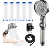 High Pressure 5-Mode Filtered Shower Head, Filtered Shower Head with Handheld, Water Softener for Hard Water, One-click Water Stop, With Hose, Bracket, Filter Cotton (1*Grey, With accessories)