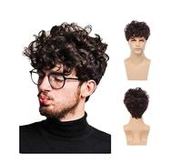 High-Quality Men's Wig, Pelucas cortas for hombres Pelucas marrones naturales rizadas for hombres Peluca sintética ondulada corta esponjosa Peluca de fibra de alta temperatura for uso diario,Natural-