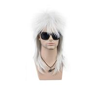 High-Quality Men's Wig, Pelucas de pelo largo y recto for hombre con flequillo, peluca sintética esponjosa de color gris plateado for hombres, Cosplay de los años 80, peluca de discoteca Rock Punk, pe