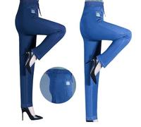 High Waist Ultra-Stretch Mom Jeans, Elastic Waist Jeans for Women, Stretch Jeans for Women (Deep Blue+Blue,L)