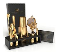 Highball & Chaser Kit de camarero con soporte de bambú negro, hermoso juego de coctelera y herramientas de bar, kit de coctelera Boston de acero inoxidable con soporte (oro antiguo)