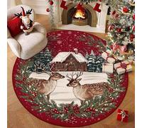 Highdi Alfombra Redonda de Navidad, Pelo Corto Alfombra Salon de Navidad Rojo Reno Shaggy Alfombras Redondas Lavable Antideslizante Grande Moderna Decorativa Hogar (Bosque,100cm)