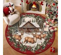 Highdi Alfombra Redonda de Navidad, Pelo Corto Alfombra Salon de Navidad Rojo Reno Shaggy Alfombras Redondas Lavable Antideslizante Grande Moderna Decorativa Hogar (Invierno,120cm)