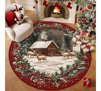 Highdi Alfombra Redonda de Navidad, Pelo Corto Alfombra Salon de Navidad Rojo Reno Shaggy Alfombras Redondas Lavable Antideslizante Grande Moderna Decorativa Hogar (Ramas Pino,80cm)