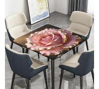 Highdi Cuadrado Mantel Impermeable, Mantel de Tela Oxford Antimanchas Protector Mesa con Borde Elástico, Cubre Encimera para Cocina, Estampado de Rosas con Borde Dorado en 3D (Rosa,100x100cm)