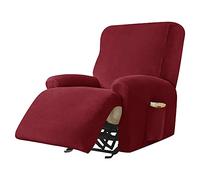 Highdi Funda de Sillón Relax Elástica para Sillón Reclinable, Funda Reclinable Terciopelo 4 Piezas con Bolsillos Laterales, Antideslizante Extraíbles y Lavables Fundas Protector (Rojo Burdeos)