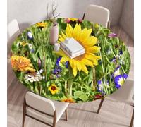 Highdi Mantel Antimanchas Redondo 110cm, con Borde Elástico, Girasol Imprimir Mantel Ajustable, Impermeables Efecto Loto, Exterior Manteles Ideal para 100cm-105cm