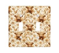 Highland Cattle - Placa de cubierta doble para interruptor de luz, diseño rústico inspirado en la naturaleza, flores de trigo, beige, plástico, tamaño estándar, placa decorativa para sala de estar