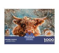 Highland Cattle Puzzle Imposible,desafío para Adultos Flower-Adorned Cow in Snowy Lantern Scene Juego Educativo 1000 Piezas Obra De Arte De Juego De para Adultos Y Niños 38x26cm/1000pcs