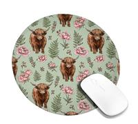 Highland Cow - Alfombrilla de mouse pequeña con diseño de peonía rústica, helecho, primavera, verde menta, redonda, lavable, portátil, mini alfombrilla de escritorio para oficina, hogar, dormitorio