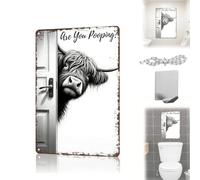 Highland Cow Bathroom Sign, The Cheeky Visitor: Vintage Highland Cow Sign - Funny"Are You Pooping?" Wall Decor, 8x12 Inch Rustic Farmhouse Toilet Art Decoration (7.9 * 5.9in)
