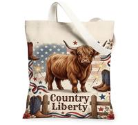 Highland Cow - Bolsa de lona para mujer, botas rústicas occidentales, estrellas, día de la independencia, color marrón, lavable, reutilizable, ideas para viajes, trabajo, compras, librería, 13 x 15
