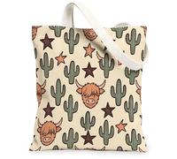 Highland Cow - Bolsa de lona para mujer, diseño de cactus juguetón del oeste, color verde, lavable, reutilizable, ideal para viajes al aire libre, trabajo, lectura, 13 x 15 pulgadas