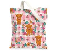 Highland Cow - Bolsa de lona para mujer, diseño de flores juguetonas de primavera, mariposas, melocotón, lavable, reutilizable, bolsas de compras Ide, Melocotón, 13x15 Inch