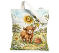 Highland Cow - Bolsa de lona para mujer, diseño de girasol de verano, amarillo, lavable, reutilizable, estética, ideas para familiares, amigos, colegas, lectura, amor, 13 x 15 pulgadas