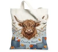 Highland Cow - Bolsa de lona para mujer, diseño rústico de margaritas y hojas de otoño, color marrón, lavable, reutilizable, ideas para compras, viajes, oficina, biblioteca, casual, 13 x 15 pulgadas