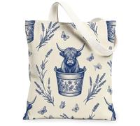 Highland Cow - Bolsa de lona para mujer, rústica, vintage, lavanda, mariposa, primavera, azul marino, lavable, reutilizable, pequeña, ideas para viajes de compras, oficina, biblioteca, casual, 13 x 15