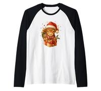 Highland Cow Christmas In Gifts Box Watercolor Santa Hat Camiseta Manga Raglan