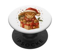 Highland Cow Christmas In Gifts Box Watercolor Santa Hat PopSockets PopGrip Adhesivo
