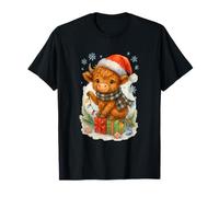 Highland Cow Christmas Lights Cute Santa Hat Watercolor Camiseta