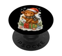 Highland Cow Christmas Lights Cute Santa Hat Watercolor PopSockets PopGrip Adhesivo
