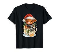 Highland Cow Christmas Mug Cute Santa Hat Watercolor Camiseta