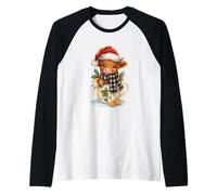 Highland Cow Christmas Mug Cute Santa Hat Watercolor Camiseta Manga Raglan