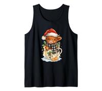 Highland Cow Christmas Mug Cute Santa Hat Watercolor Camiseta sin Mangas