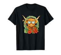 Highland Cow Christmas Wreath & Heart Glasses Watercolor Camiseta