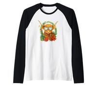 Highland Cow Christmas Wreath & Heart Glasses Watercolor Camiseta Manga Raglan