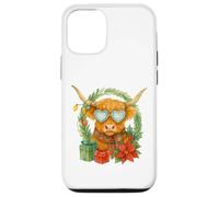 Highland Cow Christmas Wreath & Heart Glasses Watercolor Carcasa para iPhone 12/12 Pro