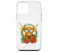 Highland Cow Christmas Wreath & Heart Glasses Watercolor Carcasa para iPhone 12 Mini