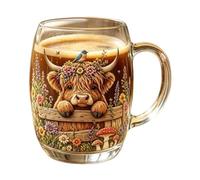 Highland Cow Coffee Mug - Cute Glass Cup with Handle, Farmhouse Drink Glass for Tea, Milk, Water, Juice and Cappuccino, Decorative Beverage Mug for Kitchen, Home, Restaurant and Cafe Use