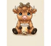 Highland Cow Composition Notebook: Cute Farm Animal Boba Cover Journal with Wide Ruled Pages, Matte Finish, 7.5 x 9.25 Writing Book for School Notes, Diaries, and Gifts