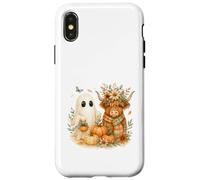 Highland Cow & Ghost Pumpkin Patch Watercolor Halloween Carcasa para iPhone X/XS