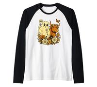 Highland Cow Ghost - Spooky Cute Retro Halloween Floral Camiseta Manga Raglan