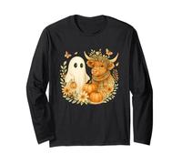 Highland Cow & Ghost Watercolor Pumpkin Patch Halloween Manga Larga