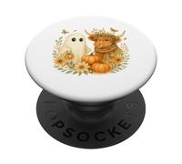 Highland Cow & Ghost Watercolor Pumpkin Patch Halloween PopSockets PopGrip Adhesivo