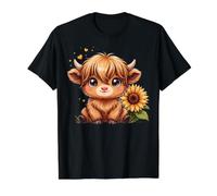 Highland Cow Girasol Lindo Rústico Animal de Granja Camiseta gráfica económica, Hombre, Negro, M