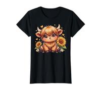 Highland Cow Girasol Lindo Rústico Animal de Granja Camiseta gráfica económica, Mujer, Negro, M