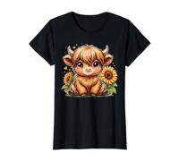 Highland Cow Girasol Lindo Rústico Animal de Granja Camiseta gráfica económica, Mujer, Negro, M