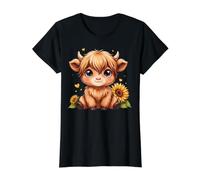 Highland Cow Girasol Lindo Rústico Animal de Granja Camiseta gráfica económica, Mujer, Negro, XL