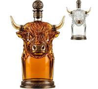 Highland Cow Head Whisky Bottle, 350ml Borosilicate Glass Highland Liquor Bottle, Decanter with Pewter Cap & Cork Stopper for Home Bar Decor, Collectors & Whisky Lovers Gifts